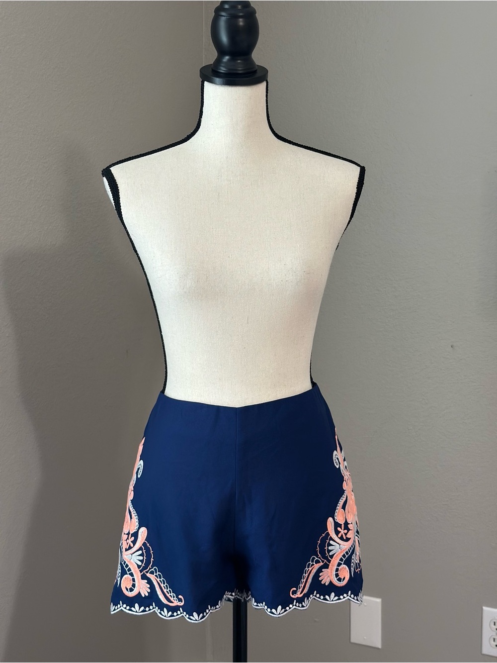 Navy Embroidered Scallop-Hem Women’s Shorts